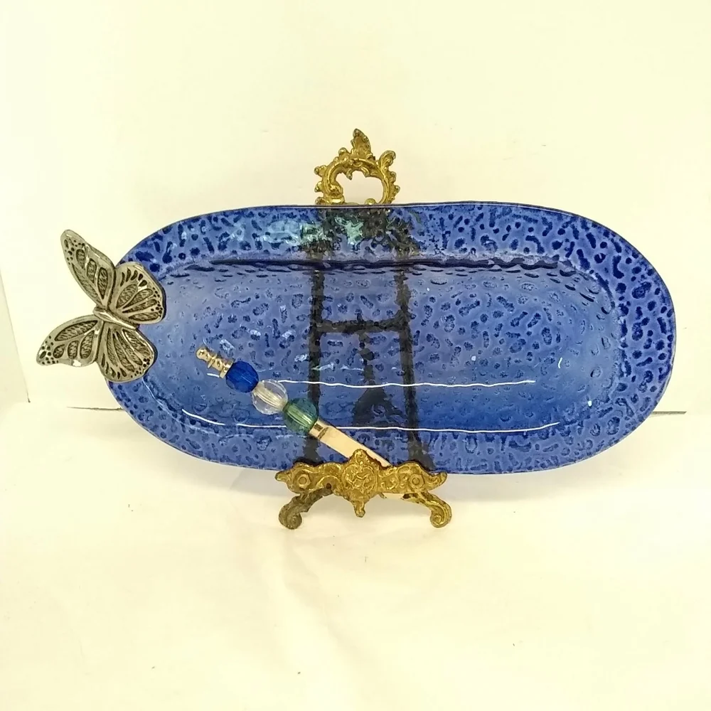 CYPRESS Server Cobalt Blue Glass Oval Platter  with Gemstone Spreader